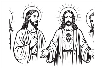 Black and white illustration of two figures with halos and religious symbolism