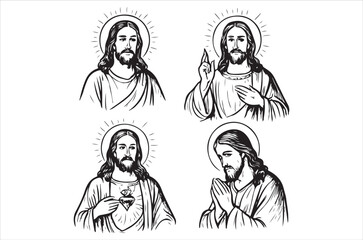 Four black and white depictions of jesus christ with varying poses