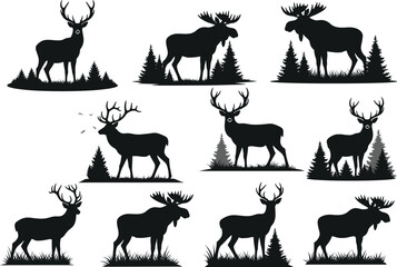 Wild deer and moose forest silhouette collection showing majestic woodland animals standing in natural landscape scenes for wildlife vector art.