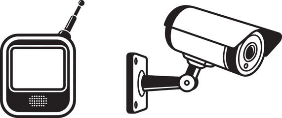 Monochrome Security Camera and Handheld Device Icons on White Background
