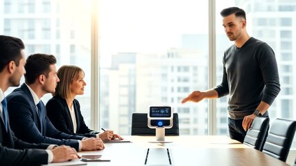 Modern business meeting with a sleek, futuristic tech device, featuring professionals in suits and a speaker. Bright light - Powered by Adobe