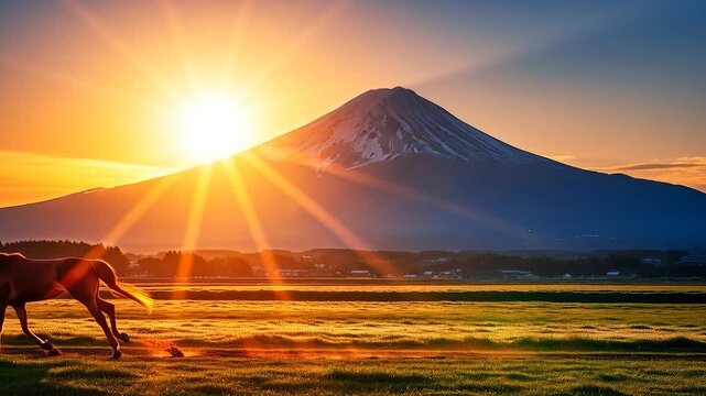 2026年年賀状・富士山の日の出と馬