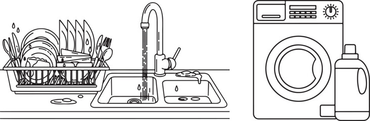 Outline Vector Art of Dishwashing Area and Laundry Machine