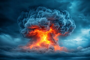 Fototapeta premium Dramatic Explosion with Orange and Gray Smoke Against Dark Cloudy Sky