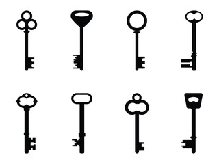 Key icon set. Set of black silhouettes of door keys on a white background. Key collection old and new - vector silhouette.