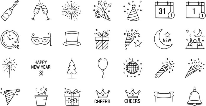 New Year's Eve Party and Celebration Line Icons Set. Hand-drawn doodle symbols for holiday countdown, champagne, fireworks, gifts, calendar, disco ball, and 'Happy New Year' greetings.