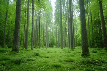 Obraz premium Lush Green Forest with Tall Trees and Dense Underbrush Capturing Natural Tranquility