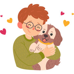 Joyful Boy Hugs Beloved Dog Adorable Pet Companion Embraces Warmth and Affection with Hearts Floating Around on Transparent Background
