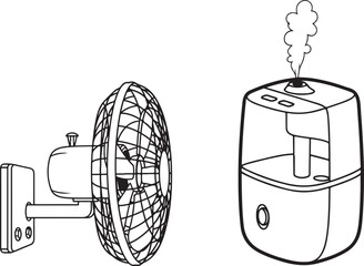 Black and White Line Art Illustration of Wall Fan and Steaming Humidifier
