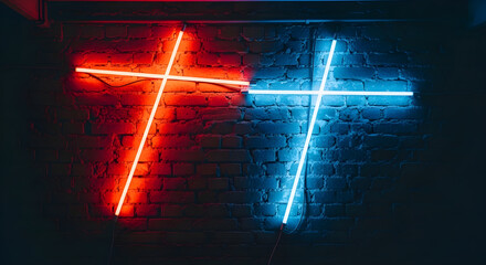 Abstract image of Studio dark room with lighting effect red and blue on black brick wall gradient background.