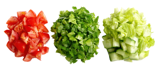 Three piles of chopped fresh vegetables isolated on transparent background