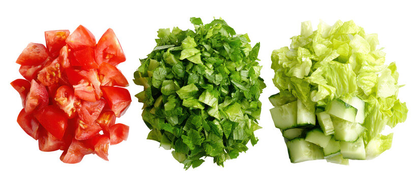Three piles of chopped fresh vegetables isolated on transparent background