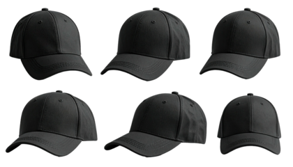 Six black baseball caps, various angles, uniformly arranged