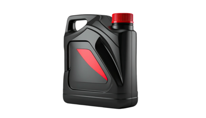 Black oil canister w/ red cap & accent on black background
