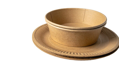 Stacked paper plates and bowl, kraft colored, against a dark backdrop