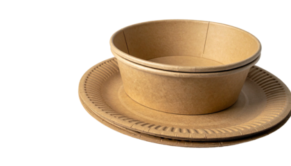 Stacked paper plates and bowl, kraft colored, against a dark backdrop