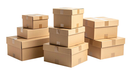 Stacked brown cardboard boxes, some taped. Black background