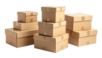 Stacked brown cardboard boxes, some taped. Black background