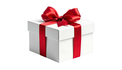 White box topped with vibrant red satin bow and ribbon