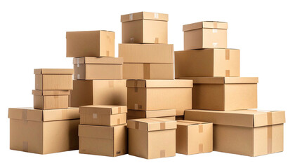 Piled brown cardboard boxes, various sizes, against a dark background