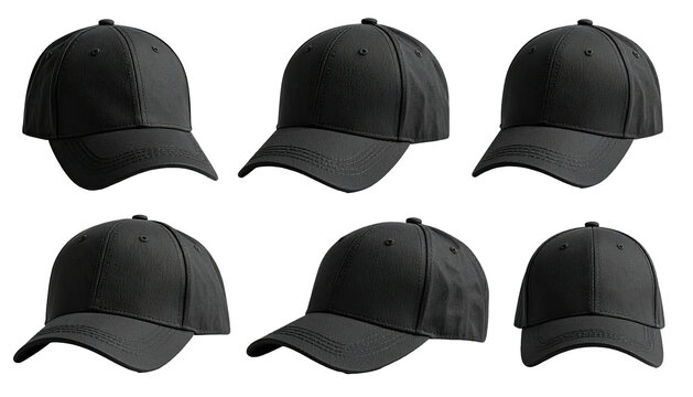 Six black baseball caps, various angles, uniformly arranged