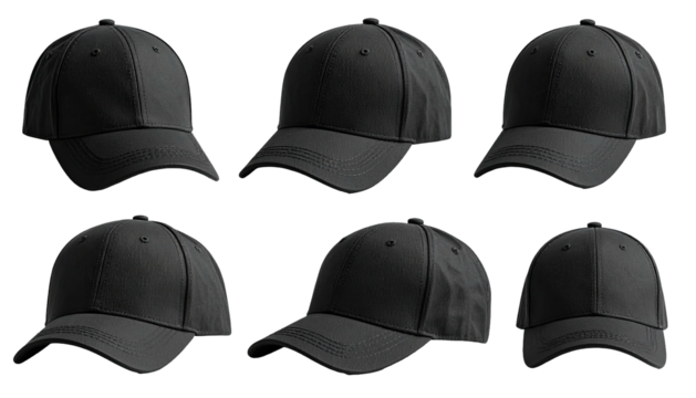 Six black baseball caps, various angles, uniformly arranged