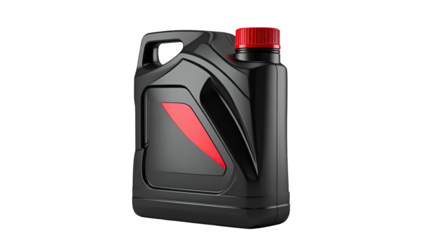 Black oil canister w/ red cap & accent on black background
