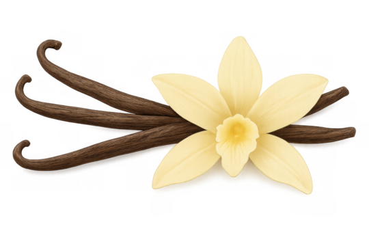 Vanilla beans and orchid flower creating a sweet flavoring ingredient for food and beverage industry on transparent background