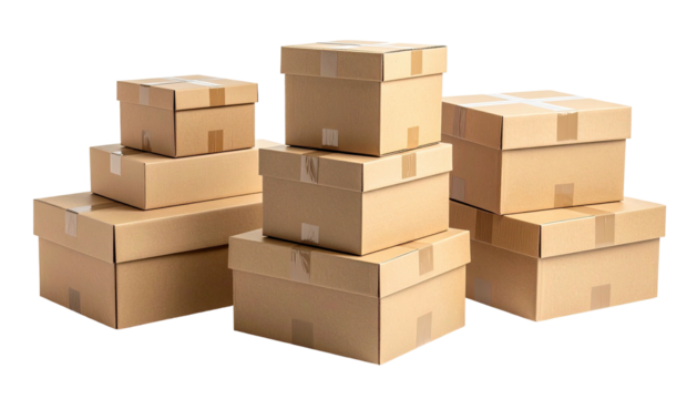 Stacked brown cardboard boxes, some taped. Black background