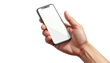 Hand holding a blank screen smartphone against a black background