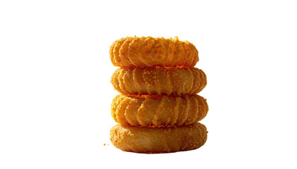 Stack of four golden, crispy, ridged, fried onion rings