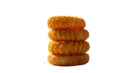 Stack of four golden, crispy, ridged, fried onion rings