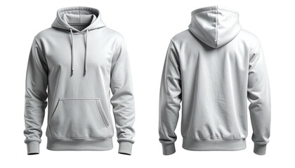White hoodie, front and back view, with pockets and drawstrings
