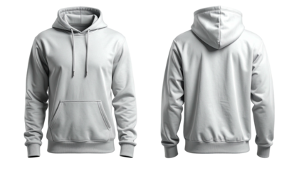 White hoodie, front and back view, with pockets and drawstrings