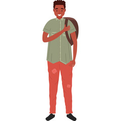 Smiling Young Man Wearing Olive Green Short Sleeve Shirt and Red Pants with Patches Carrying a Brown Backpack on His Shoulder