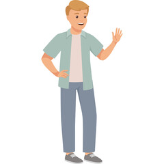 Smiling Young Man With Blond Hair Wearing A Light Blue Short Sleeve Shirt And Gray Pants Waving Hello