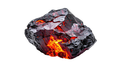 Fiery ember glows inside a chunk of black volcanic rock
