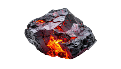 Fiery ember glows inside a chunk of black volcanic rock