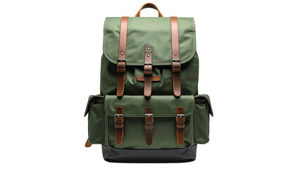 Olive pack with brown leather straps and silver buckles, front view