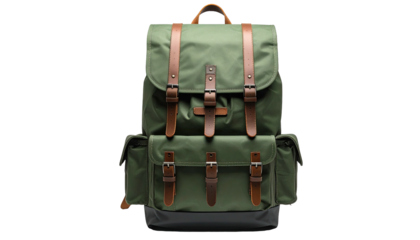 Olive pack with brown leather straps and silver buckles, front view