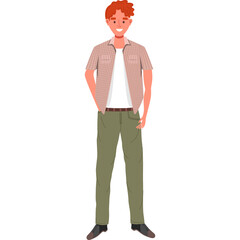 Smiling Young Man With Red Curly Hair Wearing A Light Brown Short Sleeve Shirt Over A White T-Shirt And Green Cargo Pants Standing On A Transparent Background