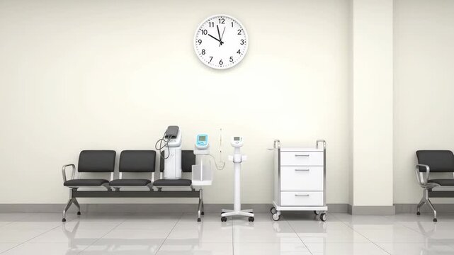 Hospital Waiting Room Scene with Chairs, Clock, and Medical Equipment.