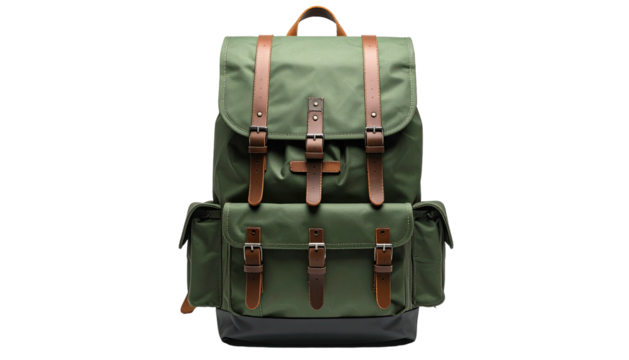 Olive pack with brown leather straps and silver buckles, front view