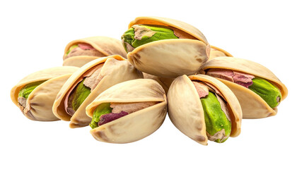 Stack of pistachios; shells cracked, green nut within