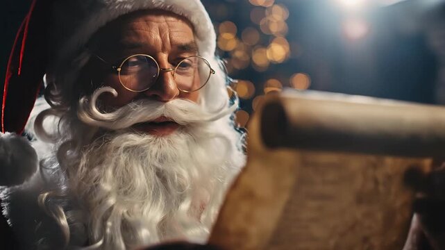 Santa Claus Reading a Scroll in a Festive Holiday Setting with Warm Lighting