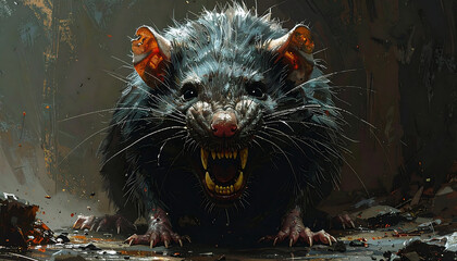 A ferocious black rat snarls aggressively, baring its sharp yellow teeth in a dark, grimy environment.
