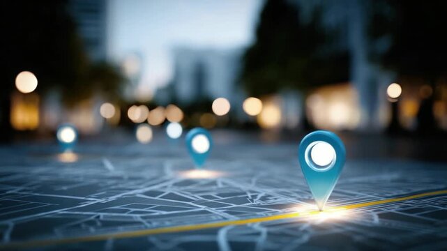 A map with location markers on a city backdrop, soft focus on the markers