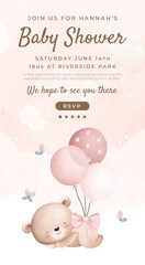 Watercolor baby shower cute animal teddy bear baby girl boy poster template card invitation