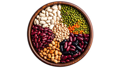 Assorted colorful beans in wooden bowl, viewed from directly above