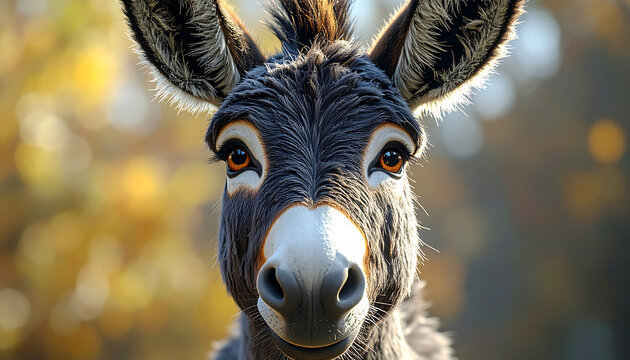 A charming close-up portrait of a cute grey donkey with big brown eyes and large ears looking at the camera.